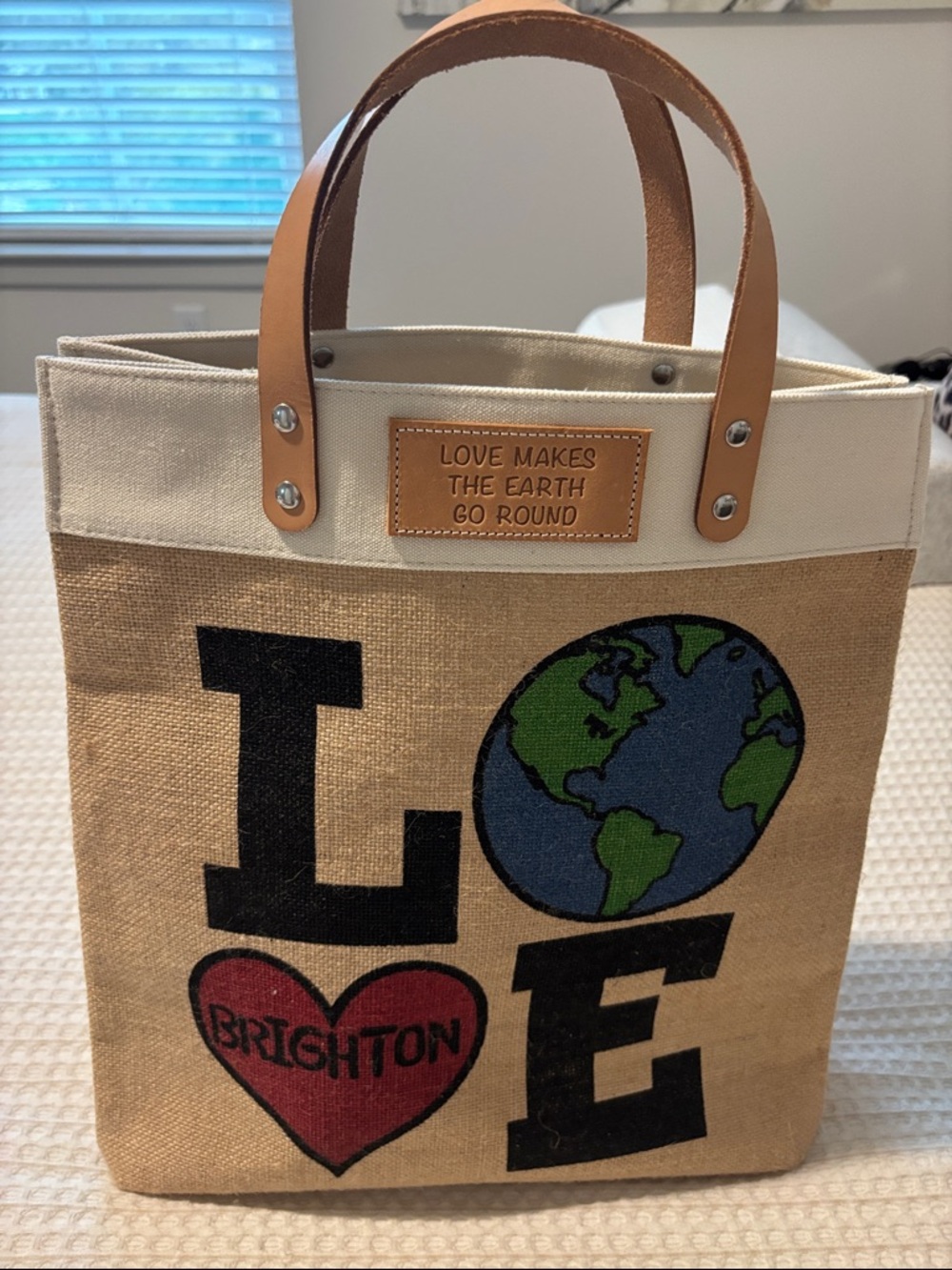 Brighton Natural Canvas LOVE Tote with Red Heart and Blue/Green Globe - Picture 4 of 7